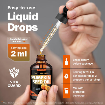Vita Guard Cold Pressed Pumpkin Seed Oil Liquid Drops – 2000mg per Serving | Vegan, Gluten-Free, Non-GMO | Hair, Skin & Prostate Support | Natural Pumpkin Flavor | 60ml Dietary Supplement