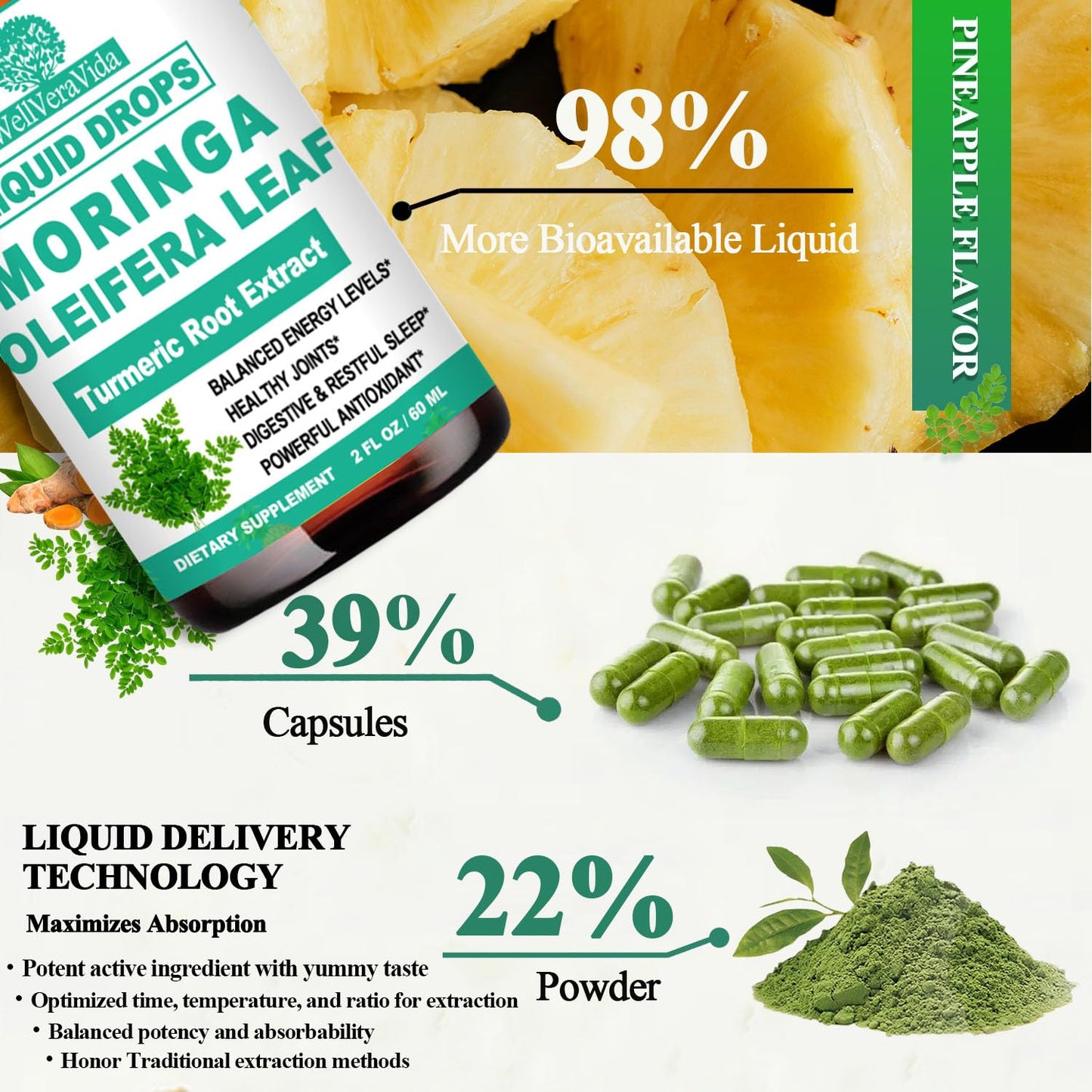 Organic Moringa Liquid Drops with Turmeric, Black Pepper & Vitamin C | Moringa Oleifera