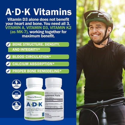Power By Naturals ADK Vitamin Supplement: Vitamin A, D3 5000 IU, and Vitamin K2 MK-7 for Bone Health | Pack of 2 (60 Capsules Each)