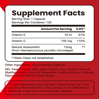 Fleamart Astaxanthin 12mg with Vitamin E & C – 120 Capsules (Vegan, Gluten Free, Non-GMO)