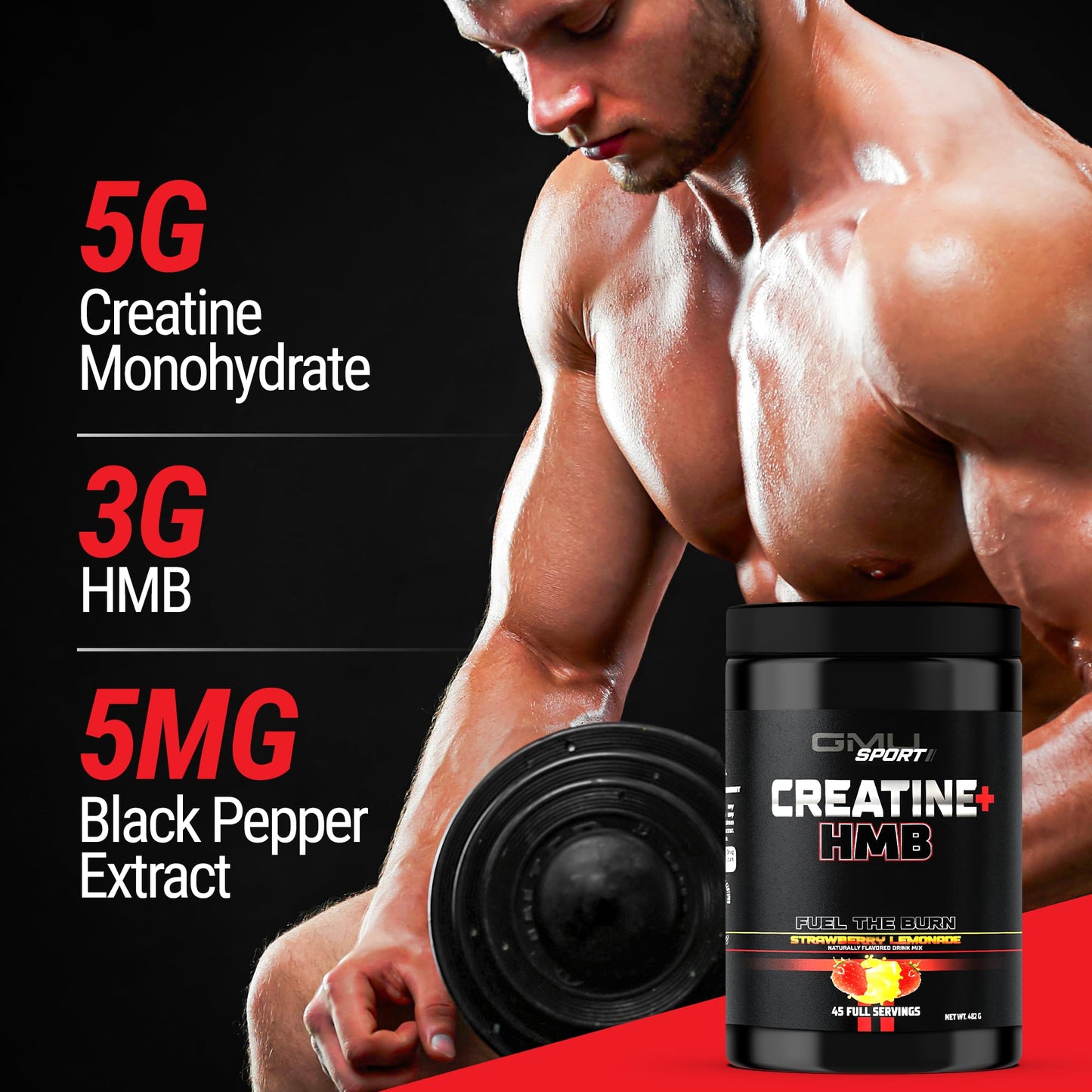 GMU SPORT Creatine 2.0 – Flavored Creatine + HMB Powder (45 Servings) | 5g Creatine Monohydrate + 3g HMB + Piperine | Strawberry Lemonade