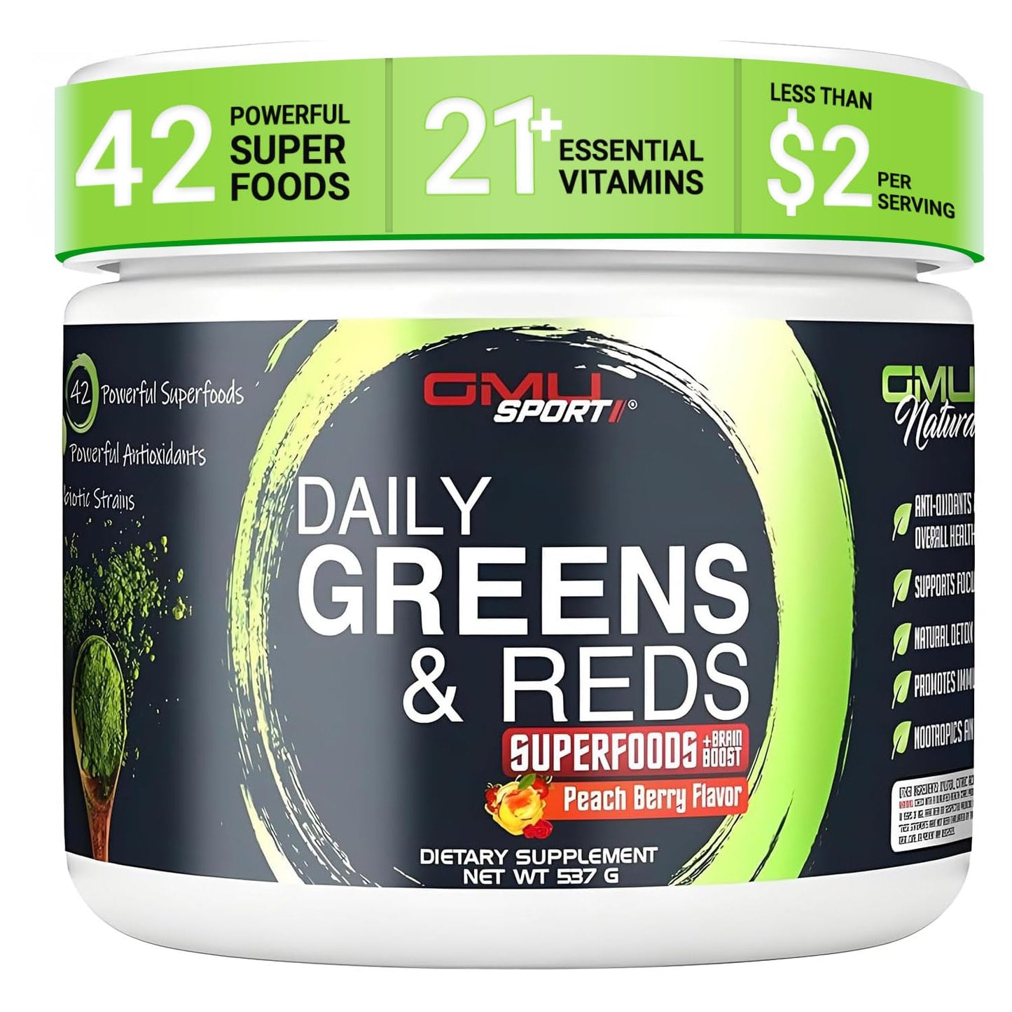 GMU SPORT Daily Greens & Reds – Peach Berry Powder with Probiotics & 42 Superfoods