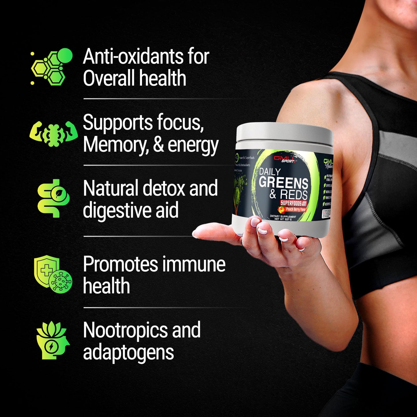 GMU SPORT Daily Greens & Reds – Peach Berry Powder with Probiotics & 42 Superfoods