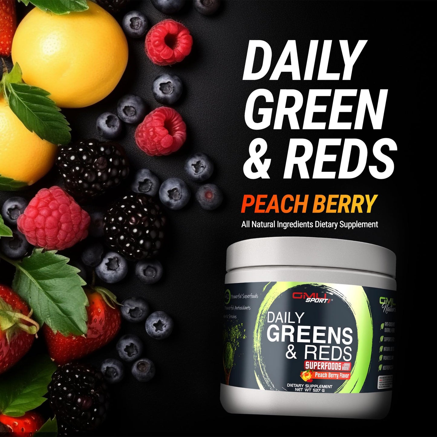 GMU SPORT Daily Greens & Reds – Peach Berry Powder with Probiotics & 42 Superfoods
