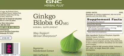 GNC Herbal Plus Ginkgo Biloba 60mg – Vegetarian, Mental Sharpness, 300 Servings