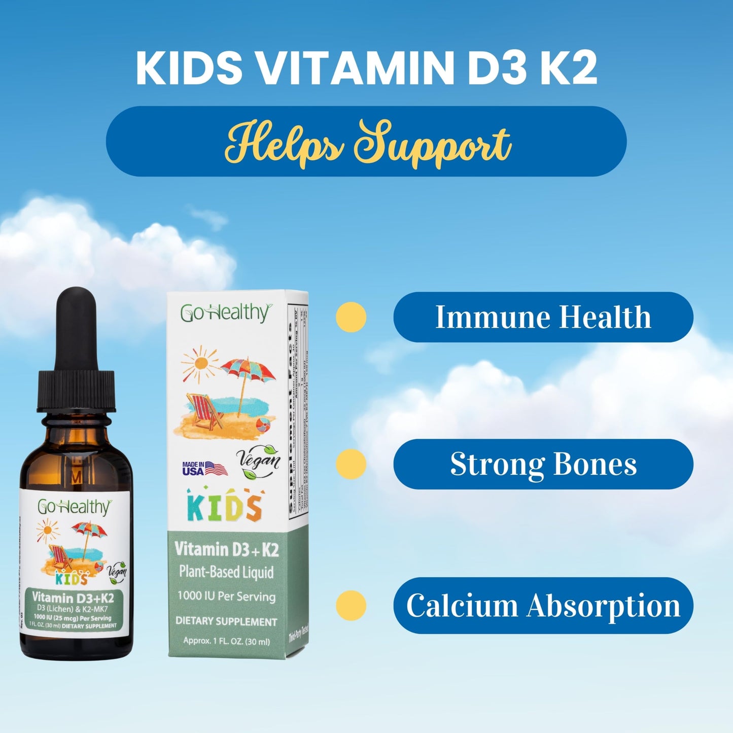 Go Healthy Kids D3 K2 MK-7 – Vanilla Liquid Drops for Kids, 30 Servings