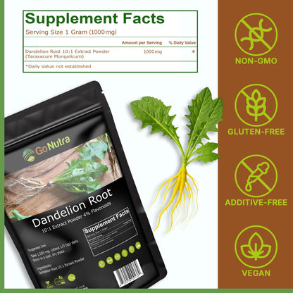 Go Nutra Dandelion Root Powder - 10:1 Concentrated, Caffeine Free for Tea, Coffee & Beverages | 8 oz | Non-GMO, Vegan