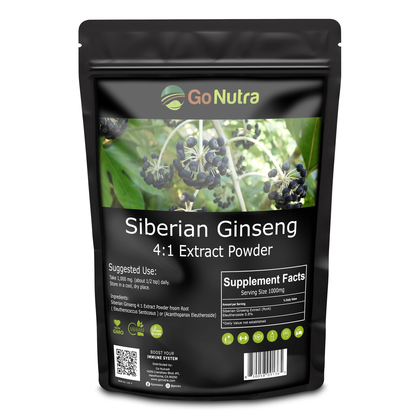 Go Nutra Siberian Ginseng - Eleuthero Root Powder 4:1 Extract | Energy & Stamina | Non-GMO | 4 oz