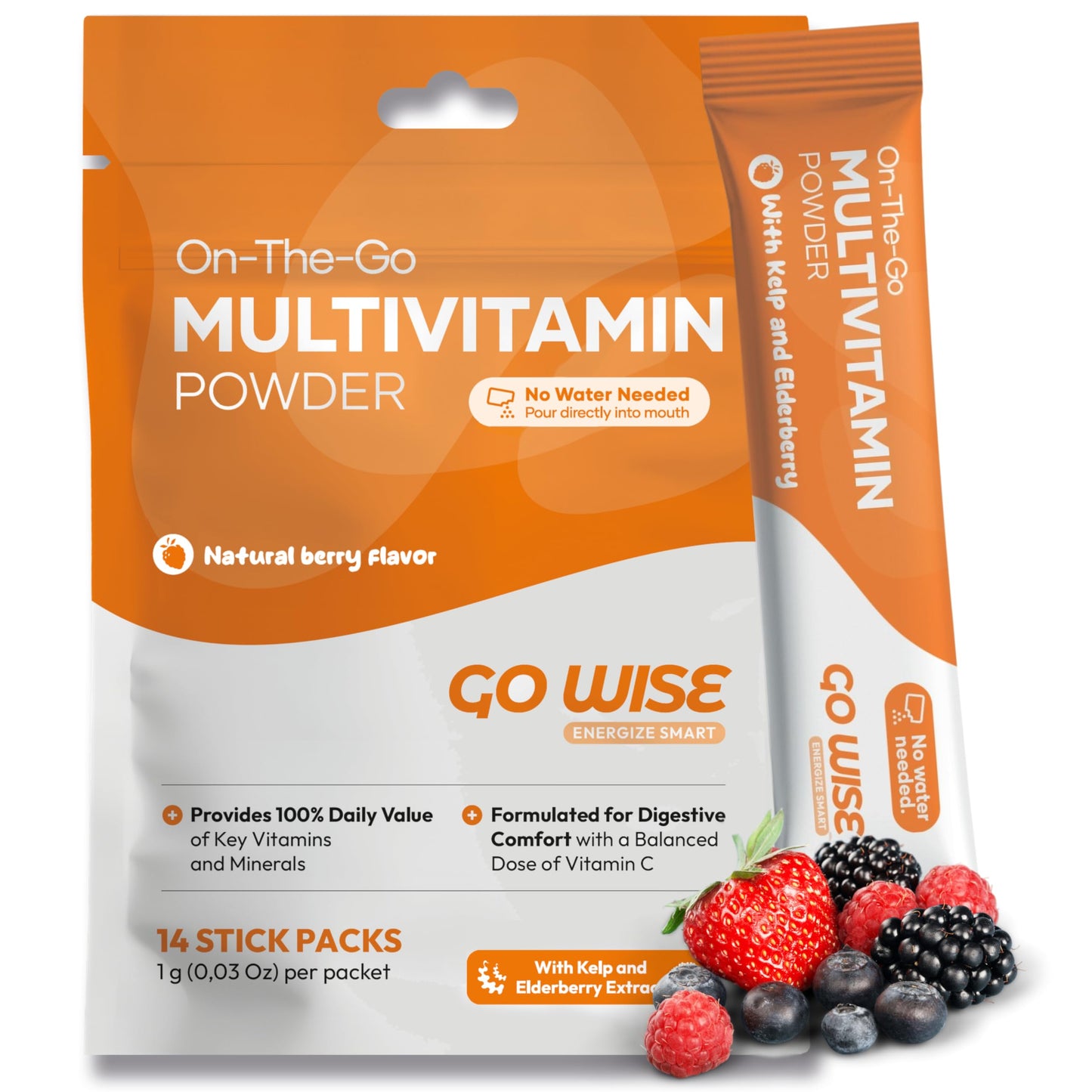 Go Wise On The Go Multivitamin Powder – 14 Vegan Daily Packets, Berry Flavor, Gluten-Free