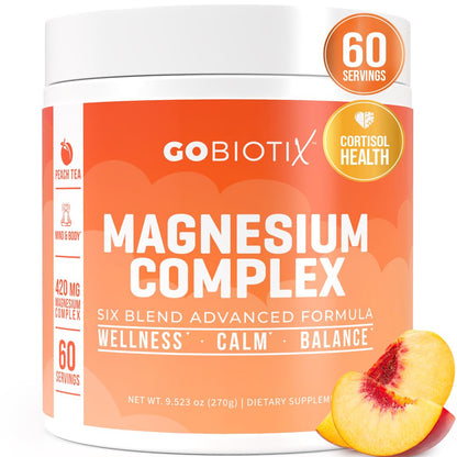 GoBiotix Magnesium Glycinate Powder – 420 mg, High Absorption Complex, Peach Tea, 60 Servings