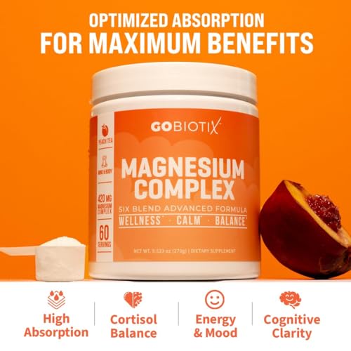 GoBiotix Magnesium Glycinate Powder – 420 mg, High Absorption Complex, Peach Tea, 60 Servings