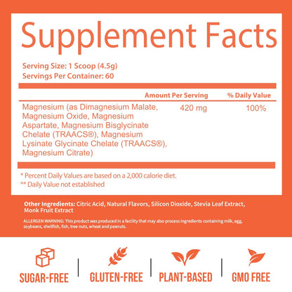 GoBiotix Magnesium Glycinate Powder – 420 mg, High Absorption Complex, Peach Tea, 60 Servings