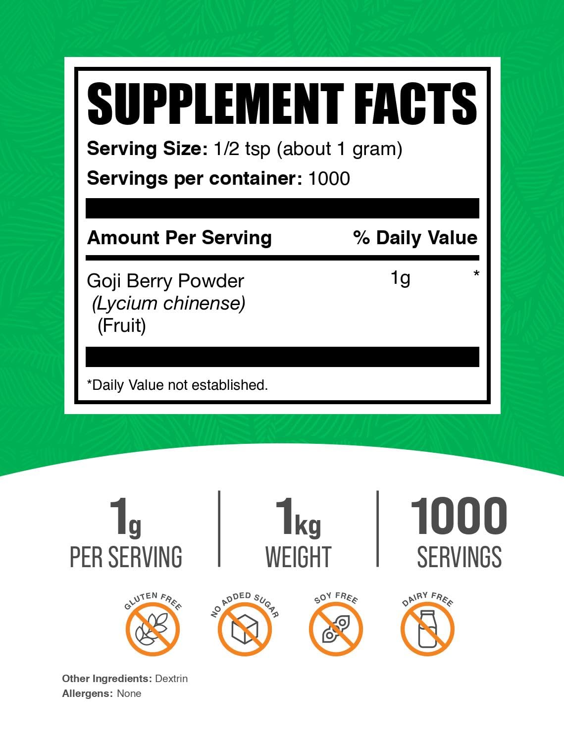 Goji Berry Powder - BulkSupplements | Vegan & Gluten Free, 1g/Serving, 1kg