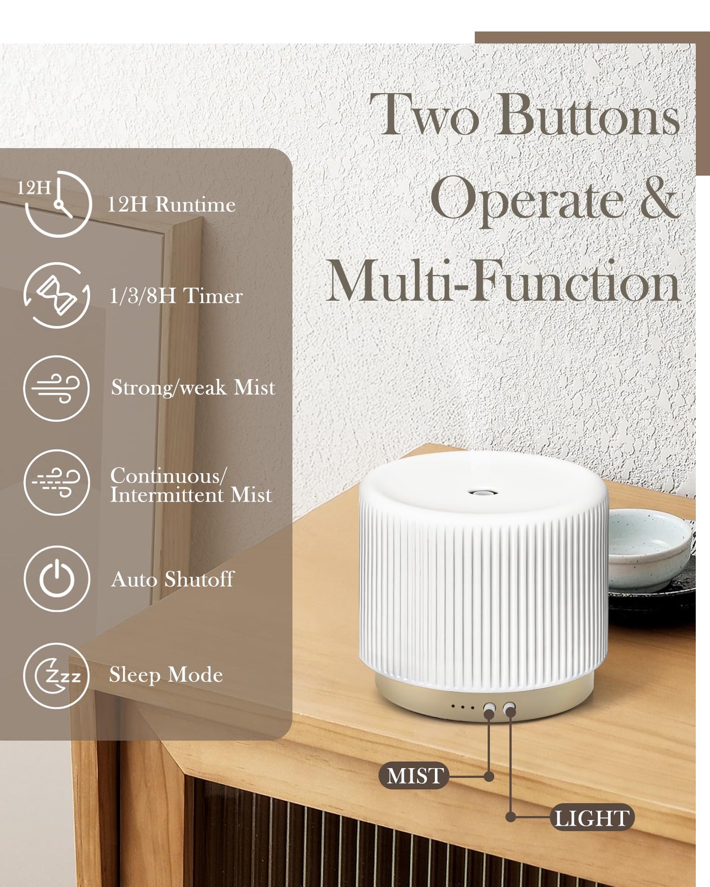 280ml Ceramic Essential Oil Diffuser – Ultrasonic Cool Mist, Auto Shut-Off, Quiet Sleep