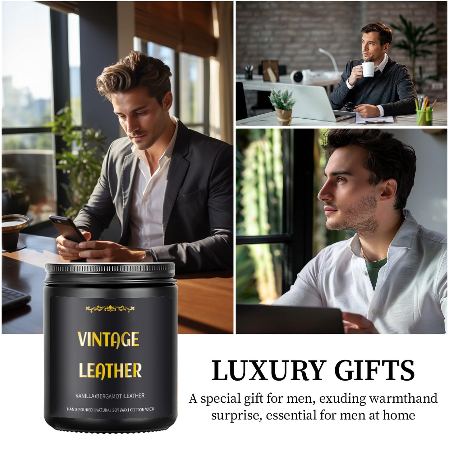 Vintage Leather Candle – 9 oz Soy Wax, Masculine Scented Jar Candle for Men | 50 Hours Burn Time
