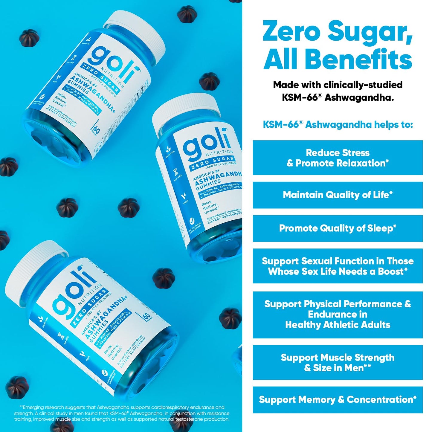 Goli Zero Sugar Ashwagandha Gummies – 3 Pack, 180 Count | KSM-66, L-Theanine, Maca, Vitamin D | Vegan, Keto