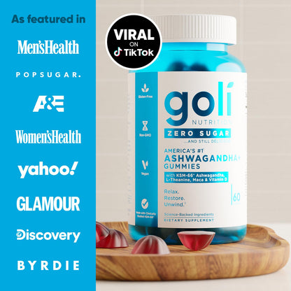 Goli Zero Sugar Ashwagandha Gummies – 3 Pack, 180 Count | KSM-66, L-Theanine, Maca, Vitamin D | Vegan, Keto
