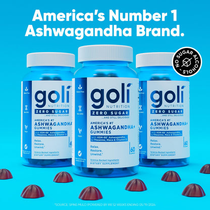 Goli Zero Sugar Ashwagandha Gummies – 3 Pack, 180 Count | KSM-66, L-Theanine, Maca, Vitamin D | Vegan, Keto