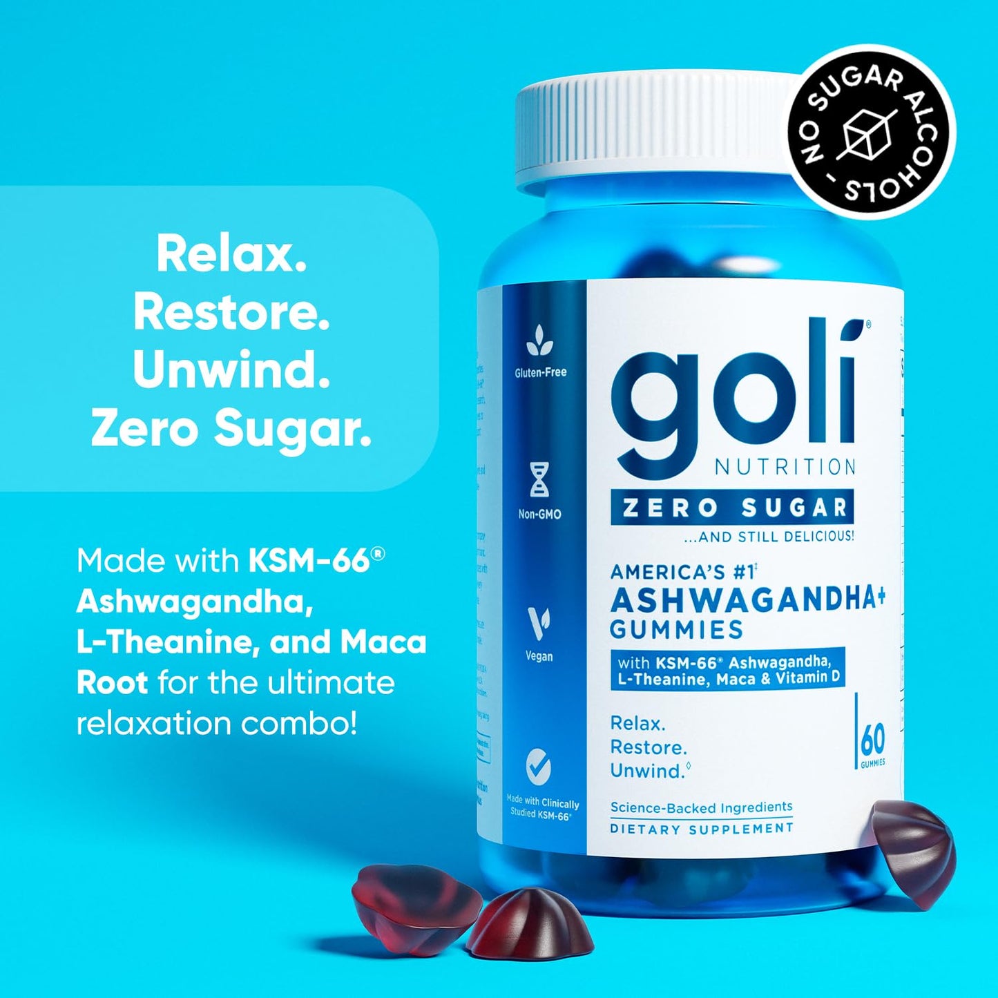Goli Zero Sugar Ashwagandha Gummies – 3 Pack, 180 Count | KSM-66, L-Theanine, Maca, Vitamin D | Vegan, Keto