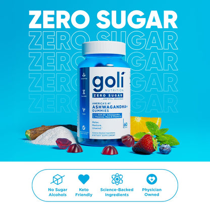 Goli Zero Sugar Ashwagandha Gummies – 3 Pack, 180 Count | KSM-66, L-Theanine, Maca, Vitamin D | Vegan, Keto