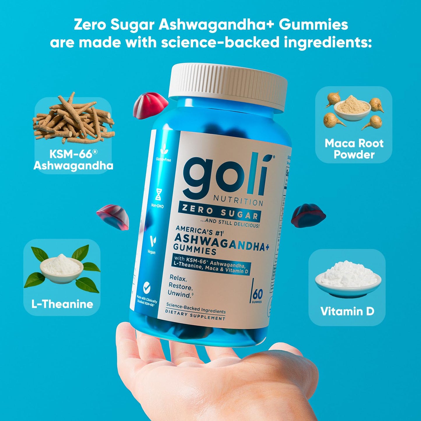 Goli Zero Sugar Ashwagandha Gummies – 3 Pack, 180 Count | KSM-66, L-Theanine, Maca, Vitamin D | Vegan, Keto