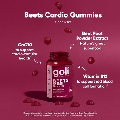 Goli Beets Cardio Gummies with CoQ10 & Vitamin B12 – Beetroot Extract for Cardiovascular Wellness – Vegan, Non-GMO, Gluten-Free – 60 Count (3 Pack)