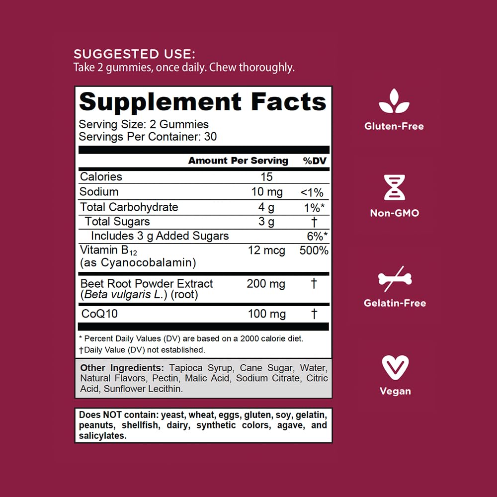 Goli Beets Cardio Gummies with CoQ10 & Vitamin B12 – Beetroot Extract for Cardiovascular Wellness – Vegan, Non-GMO, Gluten-Free – 60 Count (3 Pack)