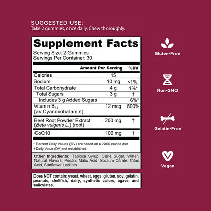 Goli Beets Cardio Gummies with CoQ10 & Vitamin B12 – Beetroot Extract for Cardiovascular Wellness – Vegan, Non-GMO, Gluten-Free – 60 Count (3 Pack)