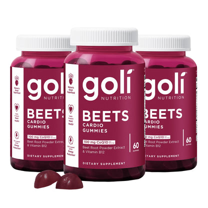 Goli Beets Cardio Gummies with CoQ10 & Vitamin B12 – Beetroot Extract for Cardiovascular Wellness – Vegan, Non-GMO, Gluten-Free – 60 Count (3 Pack)