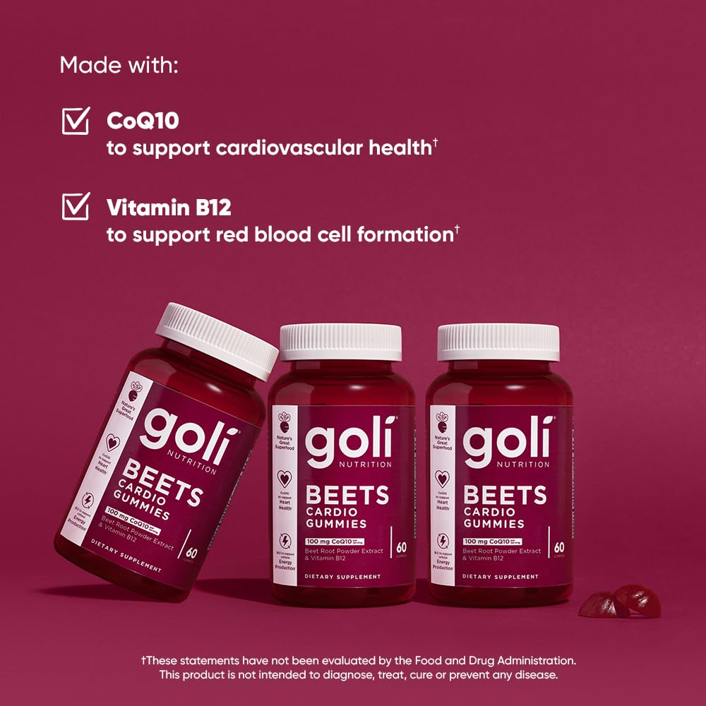 Goli Beets Cardio Gummies with CoQ10 & Vitamin B12 – Beetroot Extract for Cardiovascular Wellness – Vegan, Non-GMO, Gluten-Free – 60 Count (3 Pack)