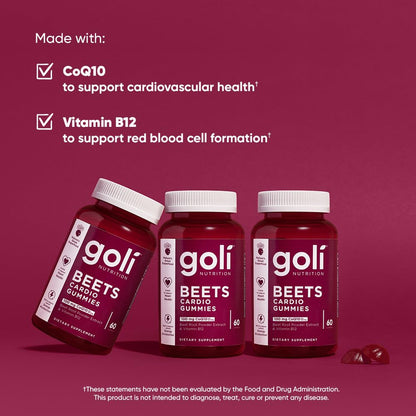 Goli Beets Cardio Gummies with CoQ10 & Vitamin B12 – Beetroot Extract for Cardiovascular Wellness – Vegan, Non-GMO, Gluten-Free – 60 Count (3 Pack)