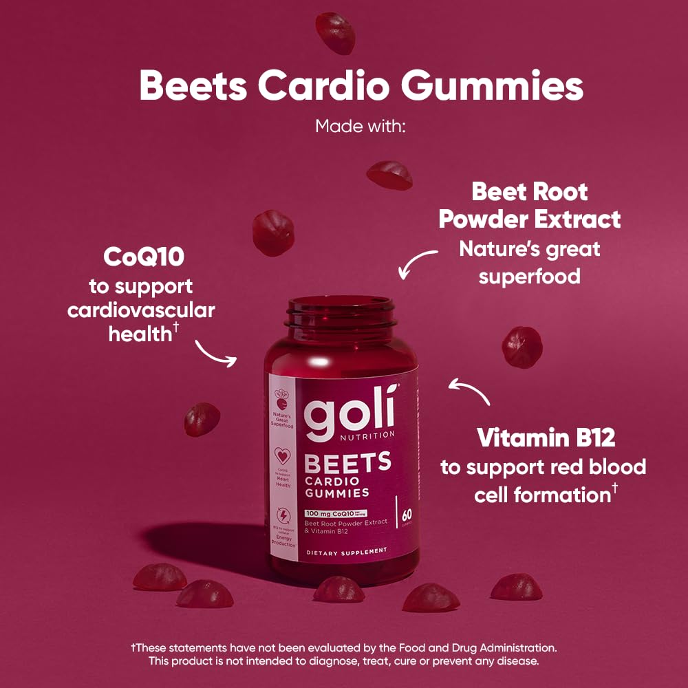 Goli Beets Cardio Gummies with CoQ10 & Vitamin B12 – Beetroot Extract | Vegan, Non-GMO, Gluten-Free (300 Count, 5 Pack)