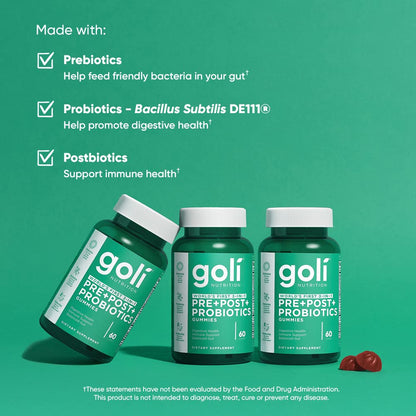 Goli Pre+Post+Probiotics Gummies – 180 Count | 3-in-1 Gluten-Free, Vegan, Non-GMO, Gelatin-Free