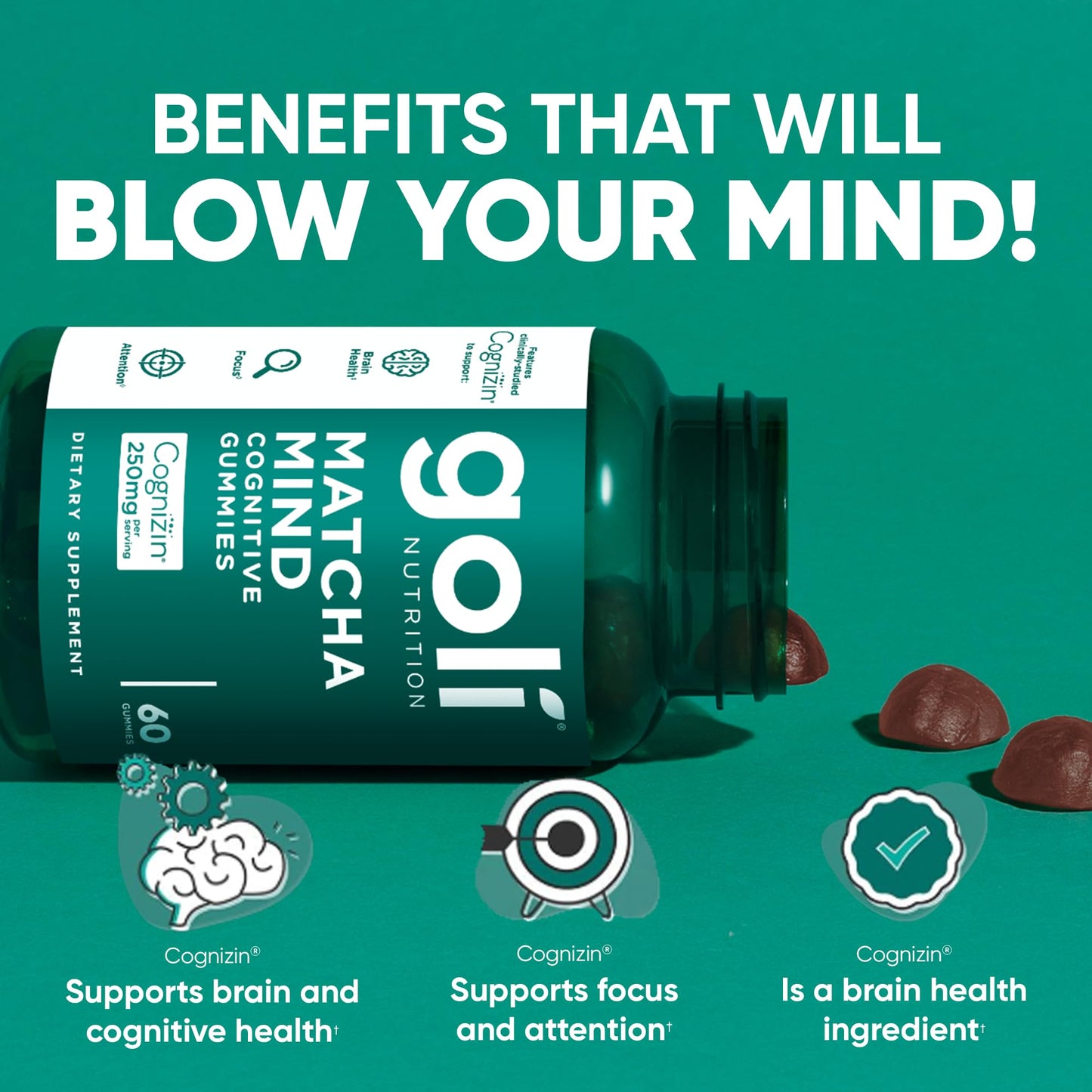 Goli Matcha Mind Gummies – 180 Count | Cognizin for Focus & Brain Health | Vegan, Non-GMO, Gluten-Free