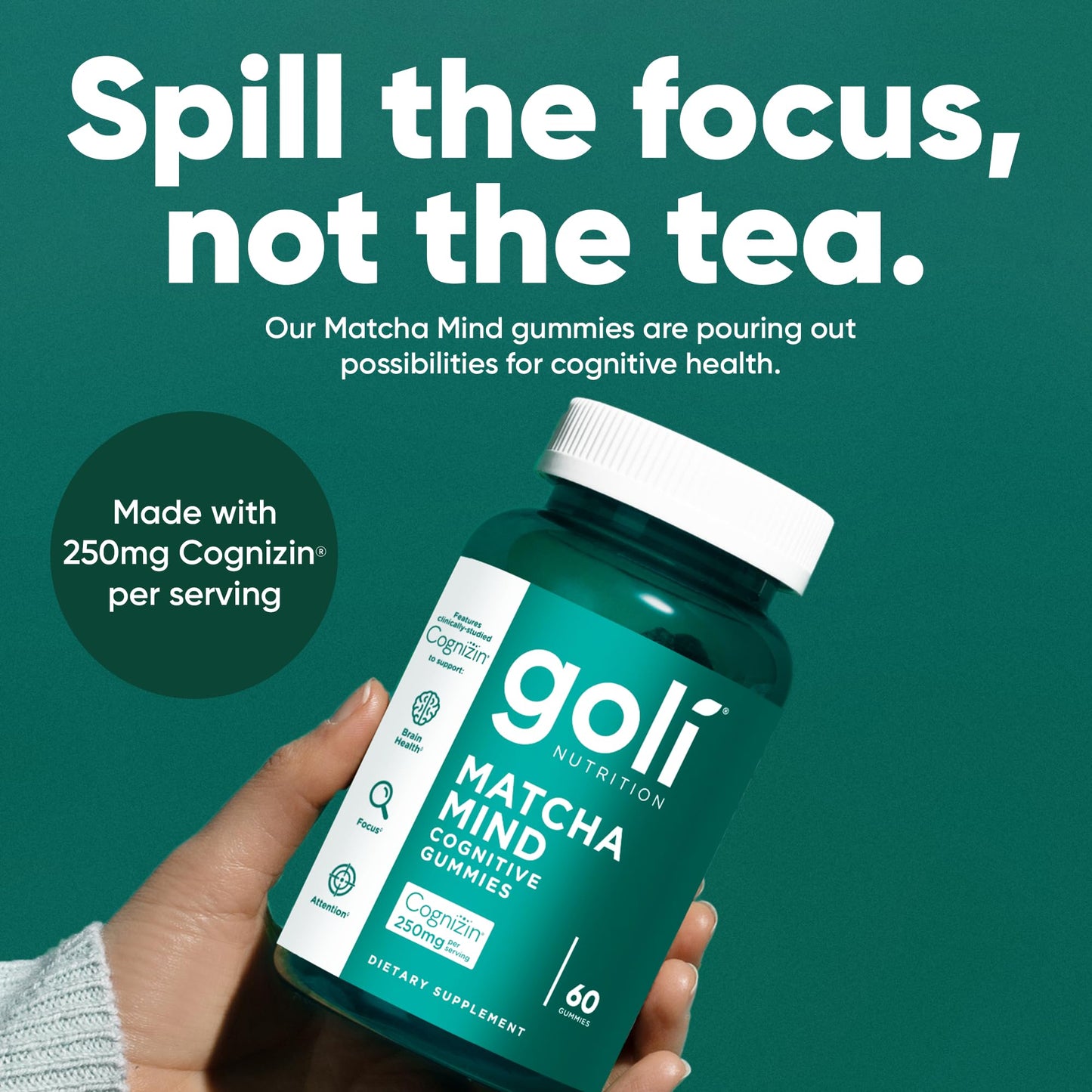 Goli Matcha Mind Gummies – 180 Count | Cognizin for Focus & Brain Health | Vegan, Non-GMO, Gluten-Free