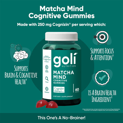 Goli Matcha Mind Gummies – 180 Count | Cognizin for Focus & Brain Health | Vegan, Non-GMO, Gluten-Free
