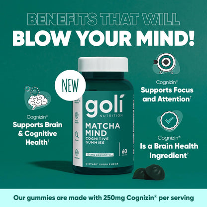 Goli Matcha Mind Gummies – 180 Count | Cognizin for Focus & Brain Health | Vegan, Non-GMO, Gluten-Free