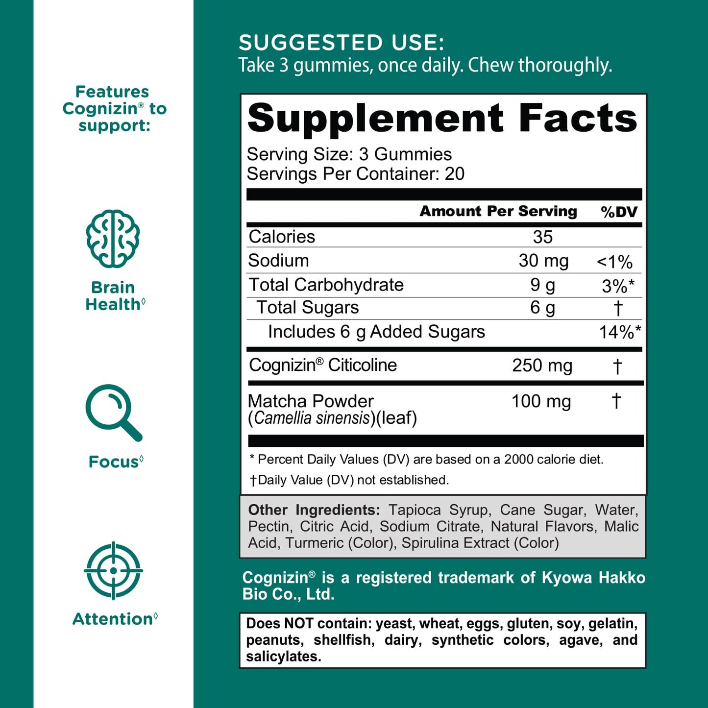 Goli Matcha Mind Gummies – 180 Count | Cognizin for Focus & Brain Health | Vegan, Non-GMO, Gluten-Free