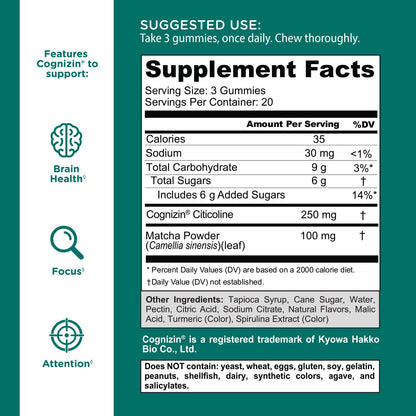 Goli Matcha Mind Gummies – 180 Count | Cognizin for Focus & Brain Health | Vegan, Non-GMO, Gluten-Free