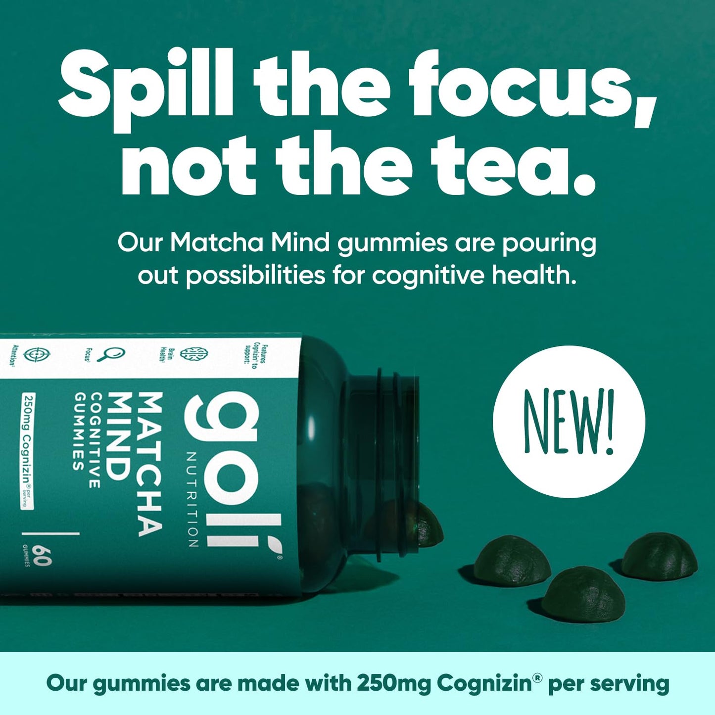 Goli Matcha Mind Gummies – 180 Count | Cognizin for Focus & Brain Health | Vegan, Non-GMO, Gluten-Free