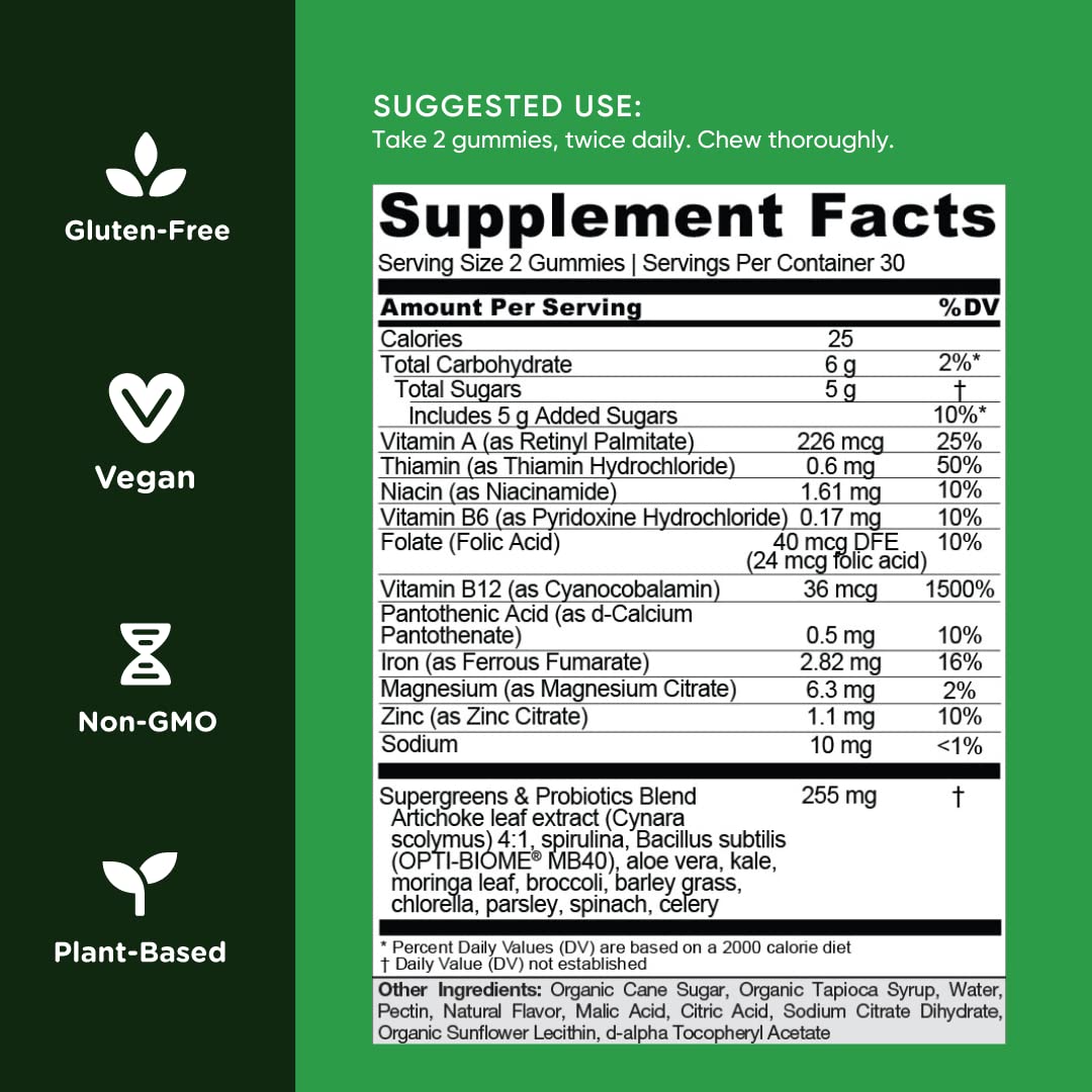 Goli Supergreens Gummies with Probiotics – Artichoke Leaf, Spirulina & Kale | Vegan, Gluten-Free, Non-GMO – 60 Count (5 Pack)