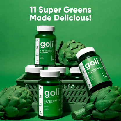 Goli Supergreens Gummies with Probiotics – Artichoke Leaf, Spirulina & Kale | Vegan, Gluten-Free, Non-GMO – 60 Count (5 Pack)