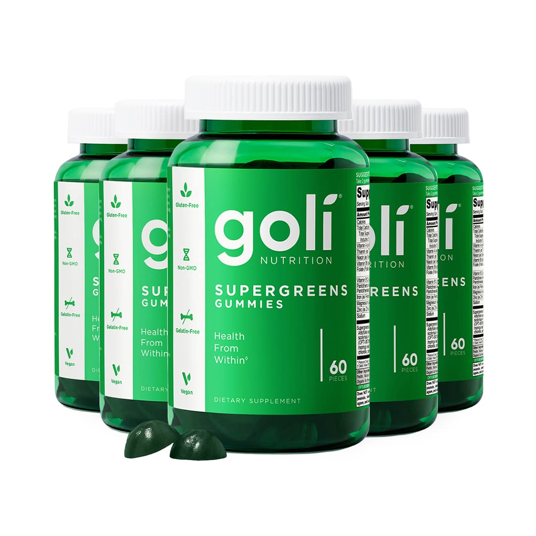 Goli Supergreens Gummies with Probiotics – Artichoke Leaf, Spirulina & Kale | Vegan, Gluten-Free, Non-GMO – 60 Count (5 Pack)