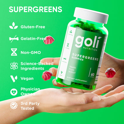 Goli Supergreens Gummies with Probiotics – Artichoke Leaf, Spirulina & Kale | Vegan, Gluten-Free, Non-GMO – 60 Count (5 Pack)