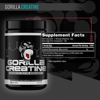 Gorilla Mind Creatine Monohydrate Micronized Powder – 5 g Serving, 100 Servings, Made in USA