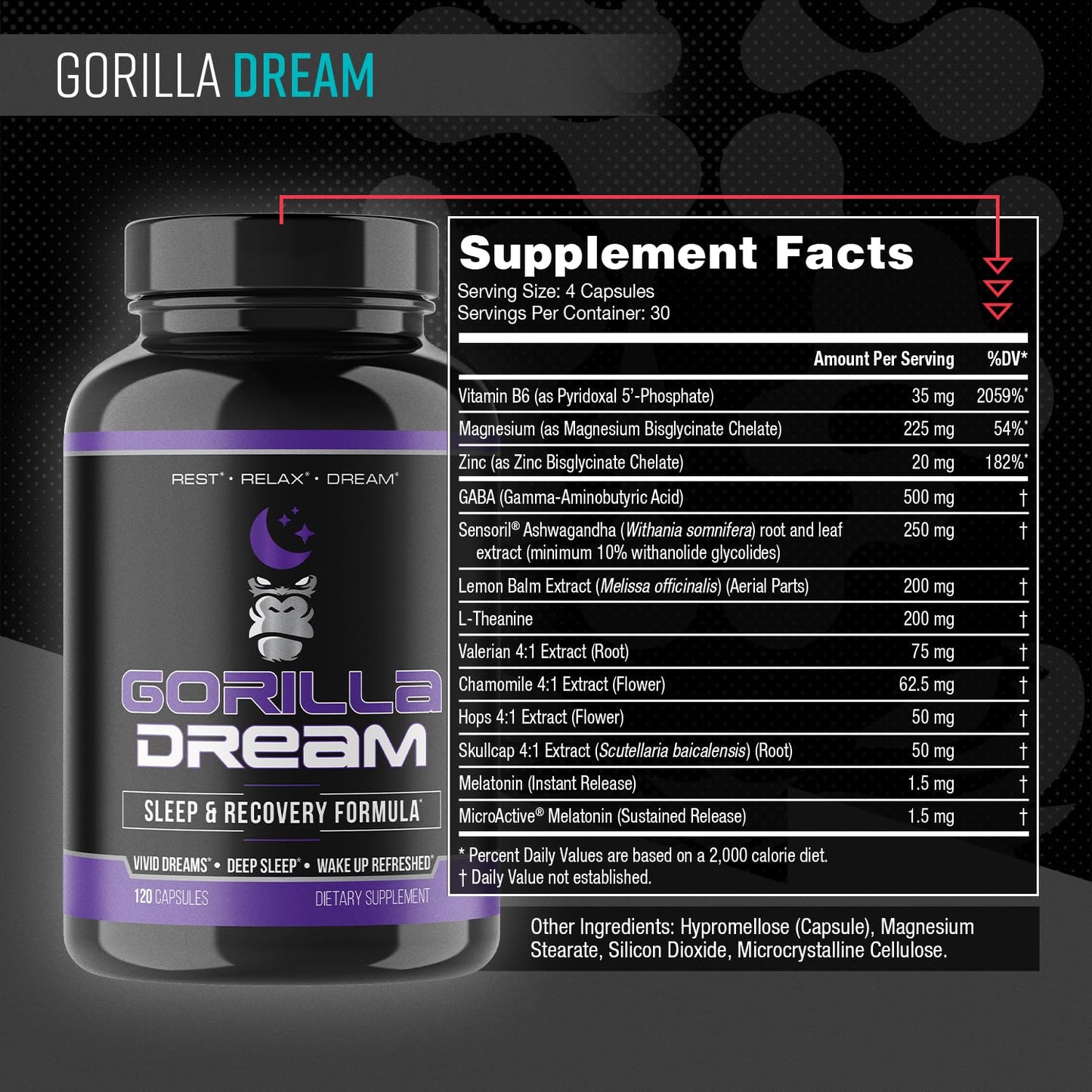 Gorilla Mind Dream Sleep Supplement (120 Capsules) - Nootropic Sleep & Recovery