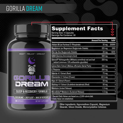 Gorilla Mind Dream Sleep Supplement (120 Capsules) - Nootropic Sleep & Recovery