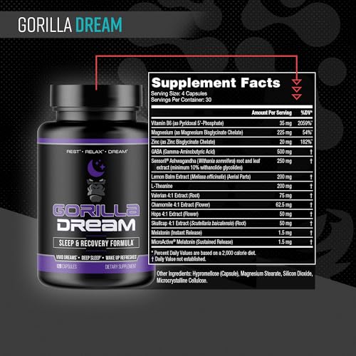 Gorilla Mind Dream Sleep Supplement (120 Capsules) - Nootropic Sleep & Recovery