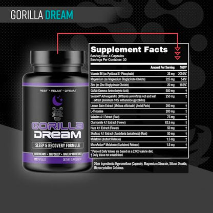 Gorilla Mind Dream Sleep Supplement (120 Capsules) - Nootropic Sleep & Recovery