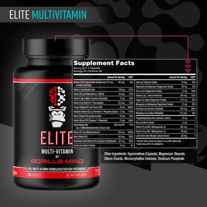 Gorilla Mind Elite Multi-Vitamin (180 Capsules) – Daily Multivitamin Formulated for Peak Performance | 27 Nutrients to Backfill Micronutrient Shortcomings